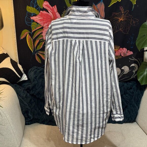 H&M V-Neck 100% Cotton Woven Striped Tunic Shirt, White & Blue with Pink, 12 - Picture 10 of 15